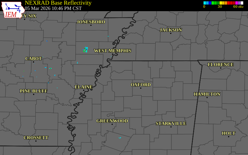 Radar snapshot during the Mar 5, 2026 hail event near 3 E Senatobia, Tate County, Mississippi, with NWS warning polygons