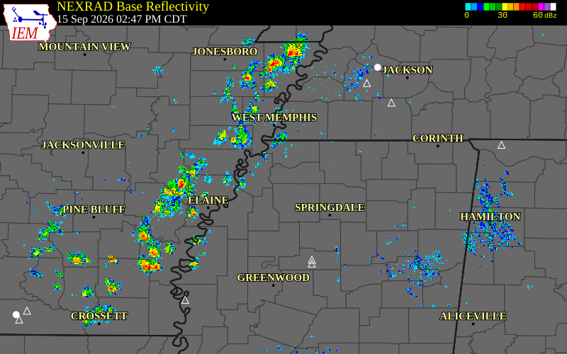 Current NEXRAD radar over Tate County, Mississippi with recent storm report locations