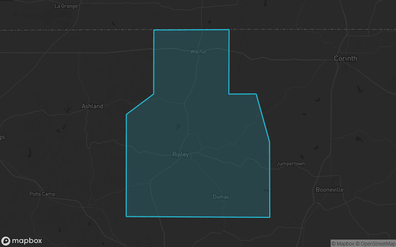 Map of Tippah County, Mississippi showing the county boundary and surrounding cities