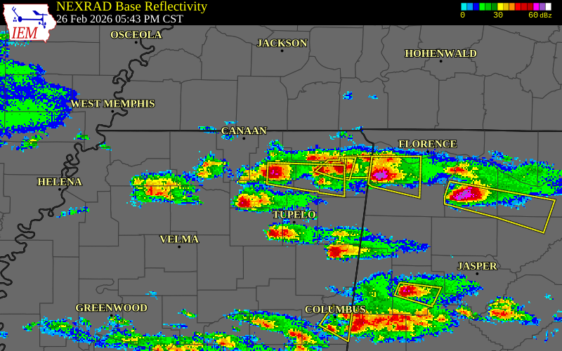 NEXRAD radar during the Thursday, February 26, 2026 storm activity in Tippah County, Mississippi
