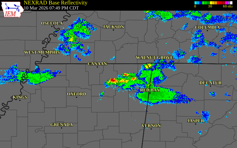 NEXRAD radar during the Tuesday, March 10, 2026 storm activity in Tippah County, Mississippi