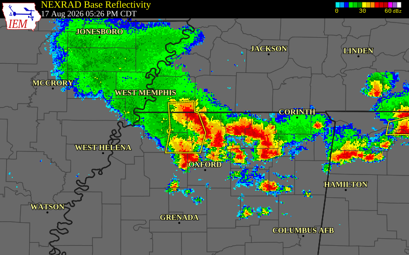 NEXRAD radar during the Monday, August 17, 2026 storm activity in Tippah County, Mississippi