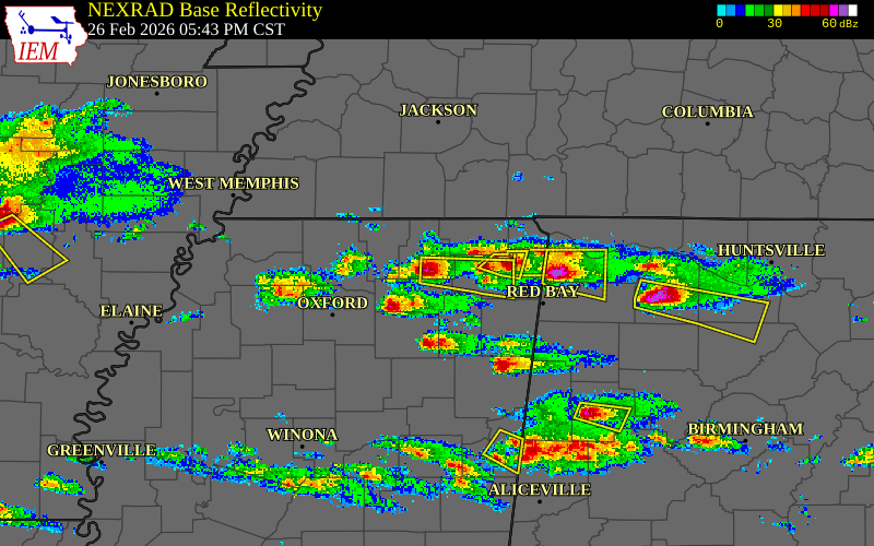 Radar snapshot during the Feb 26, 2026 hail event near Dumas, Tippah County, Mississippi, with NWS warning polygons