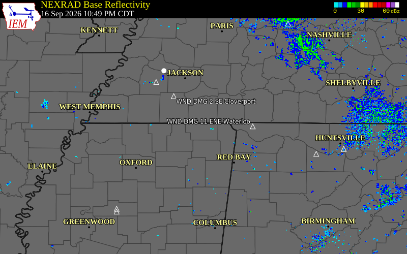 Current NEXRAD radar over Tippah County, Mississippi with recent storm report locations
