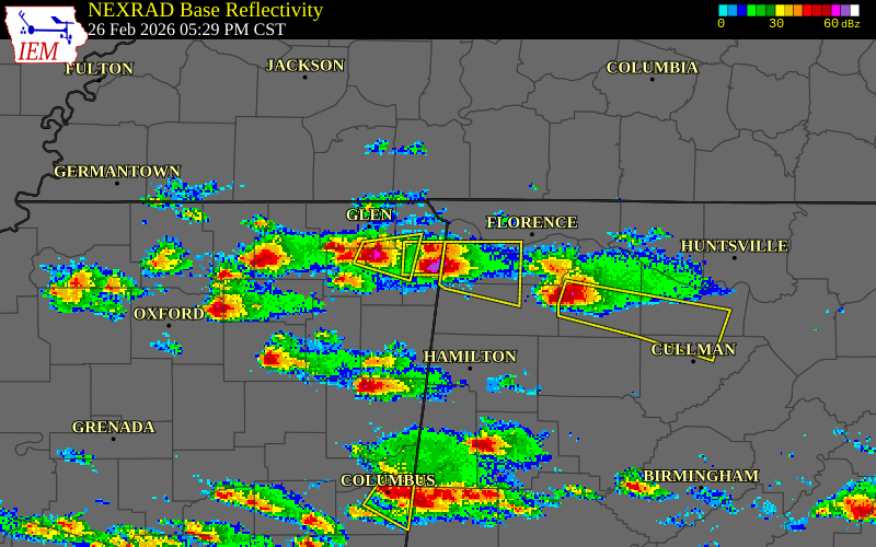 NEXRAD radar during the Thursday, February 26, 2026 storm activity in Tishomingo County, Mississippi