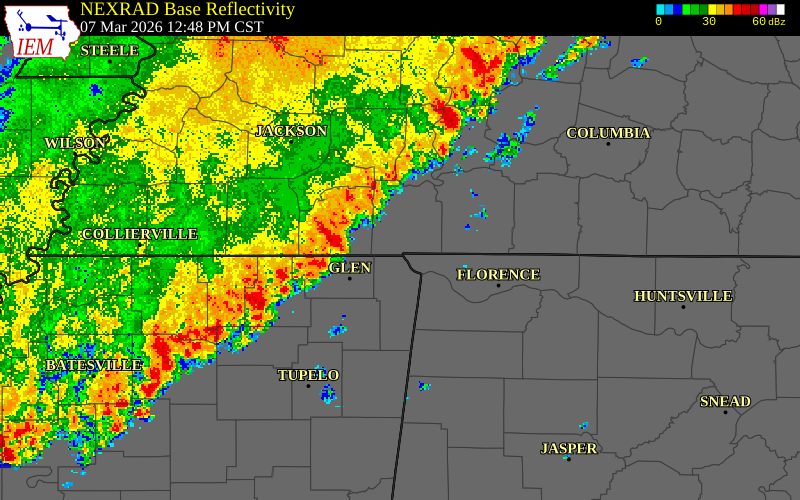 NEXRAD radar during the Saturday, March 7, 2026 storm activity in Tishomingo County, Mississippi