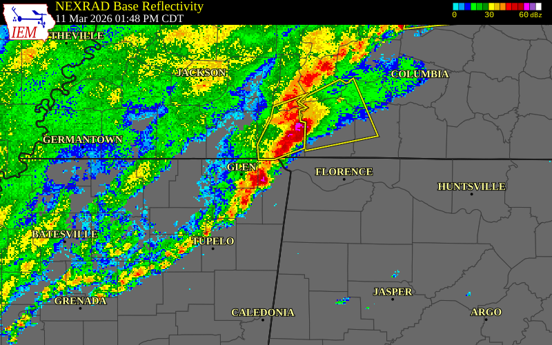 NEXRAD radar during the Wednesday, March 11, 2026 storm activity in Tishomingo County, Mississippi