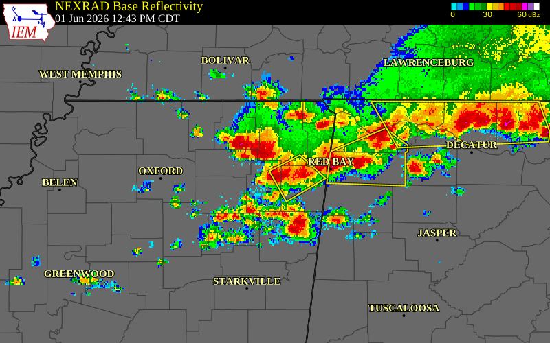 NEXRAD radar during the Monday, June 1, 2026 storm activity in Tishomingo County, Mississippi