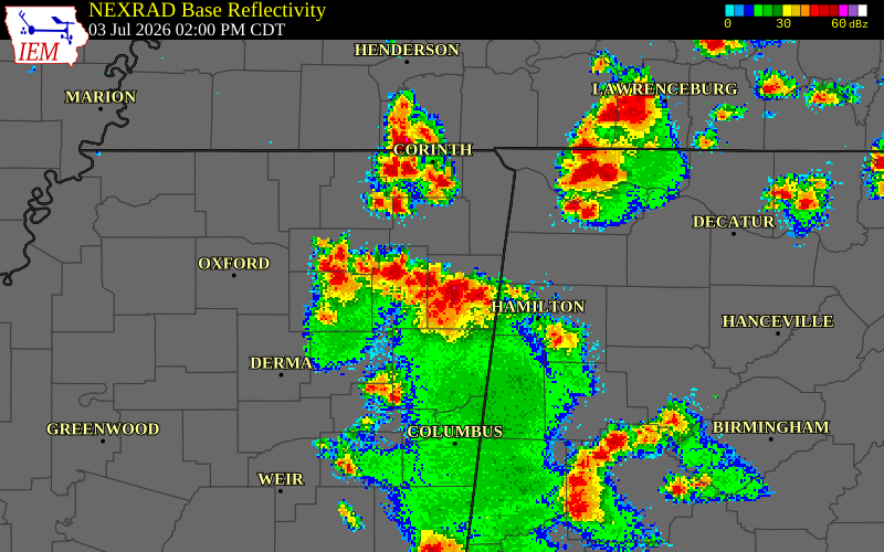 NEXRAD radar during the Friday, July 3, 2026 storm activity in Tishomingo County, Mississippi