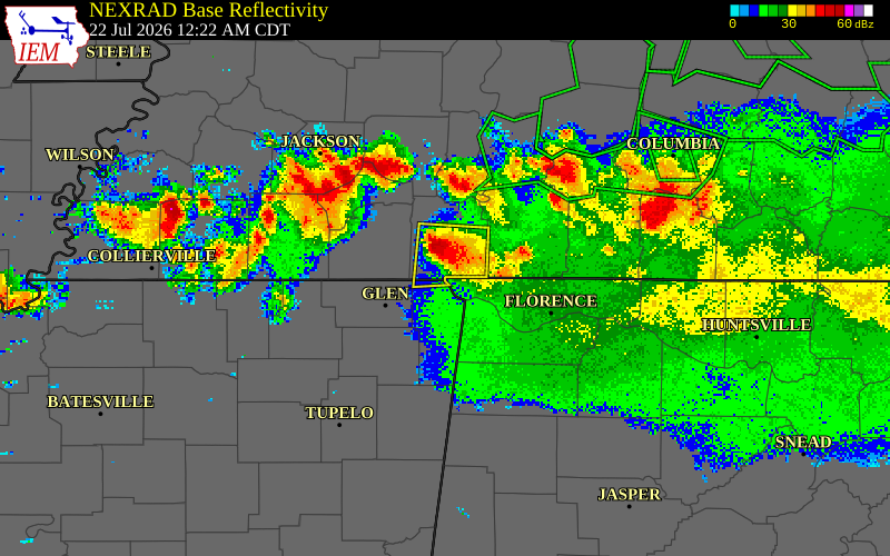 NEXRAD radar during the Wednesday, July 22, 2026 storm activity in Tishomingo County, Mississippi