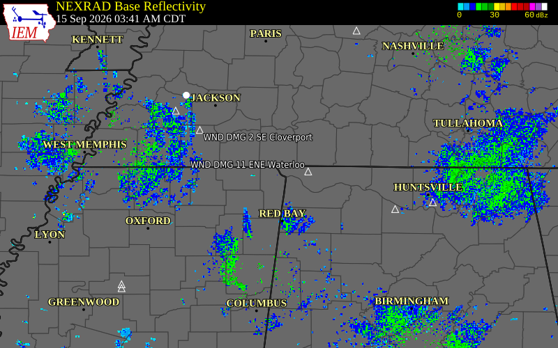 Current NEXRAD radar over Tishomingo County, Mississippi with recent storm report locations
