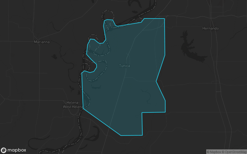 Map of Tunica County, Mississippi showing the county boundary and surrounding cities