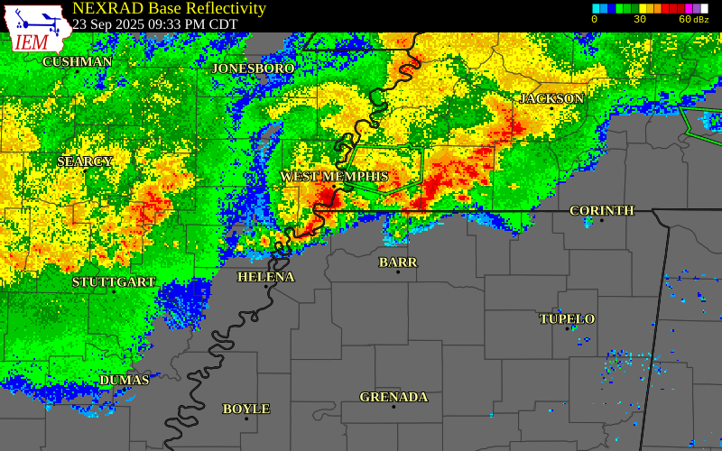 NEXRAD radar during the Tuesday, September 23, 2025 storm activity in Tunica County, Mississippi