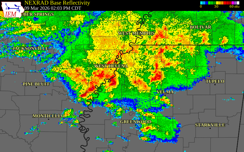 NEXRAD radar during the Monday, March 9, 2026 storm activity in Tunica County, Mississippi