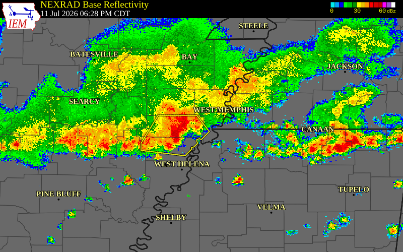 NEXRAD radar during the Saturday, July 11, 2026 storm activity in Tunica County, Mississippi