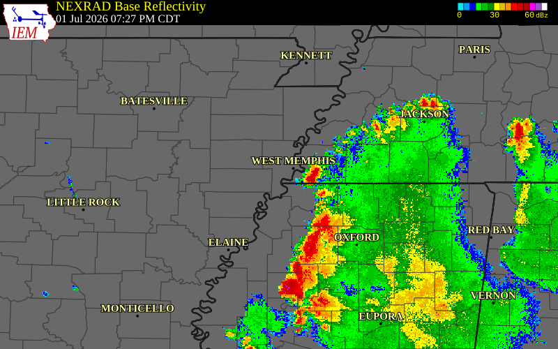 Radar snapshot during the Jul 1, 2026 wind event near Tunica County, Tunica County, Mississippi, with NWS warning polygons