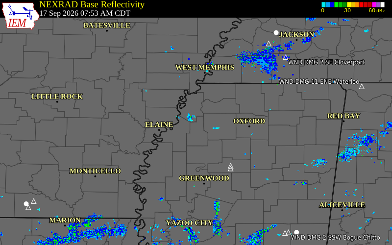 Current NEXRAD radar over Tunica County, Mississippi with recent storm report locations