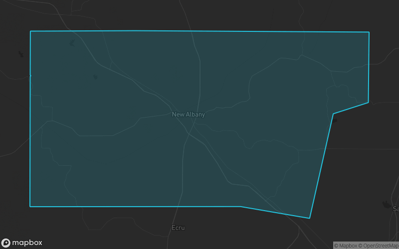 Map of Union County, Mississippi showing the county boundary and surrounding cities