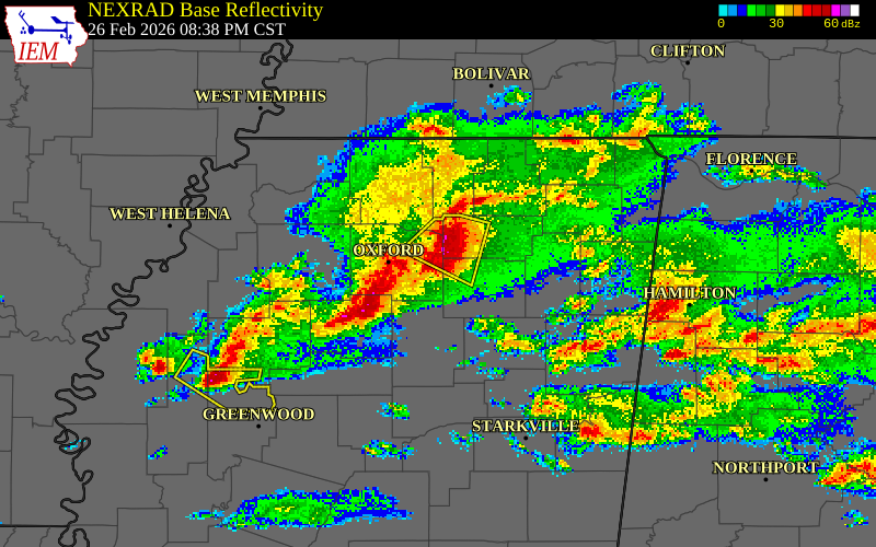 NEXRAD radar during the Thursday, February 26, 2026 storm activity in Union County, Mississippi