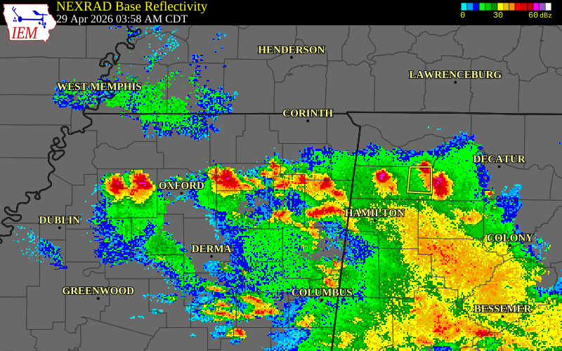 NEXRAD radar during the Wednesday, April 29, 2026 storm activity in Union County, Mississippi