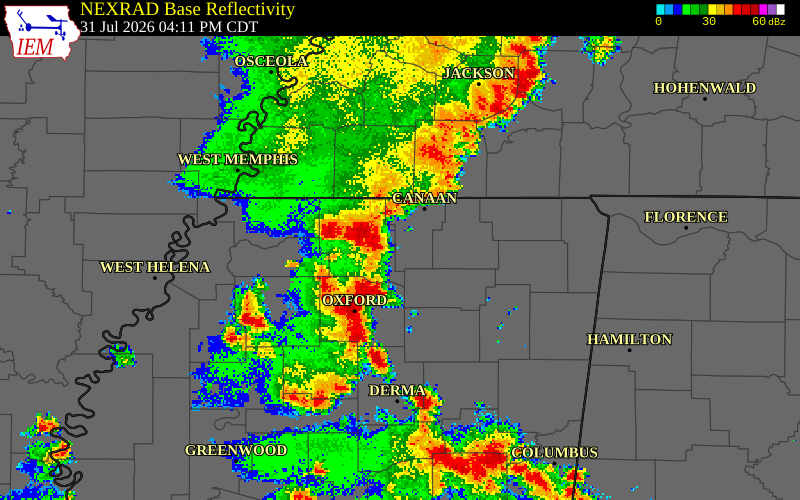 NEXRAD radar during the Friday, July 31, 2026 storm activity in Union County, Mississippi