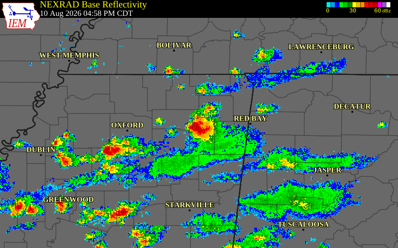 NEXRAD radar during the Monday, August 10, 2026 storm activity in Union County, Mississippi