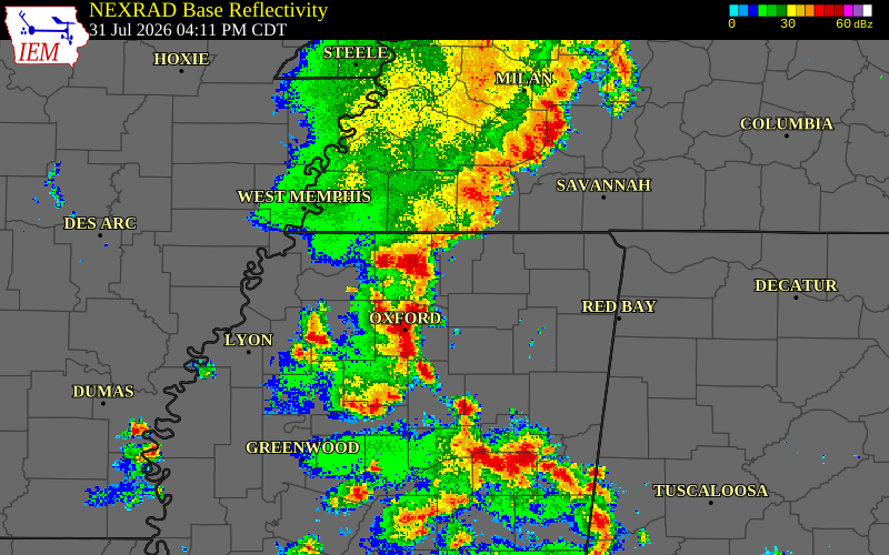 Radar snapshot during the Jul 31, 2026 wind event near Union County, Union County, Mississippi, with NWS warning polygons