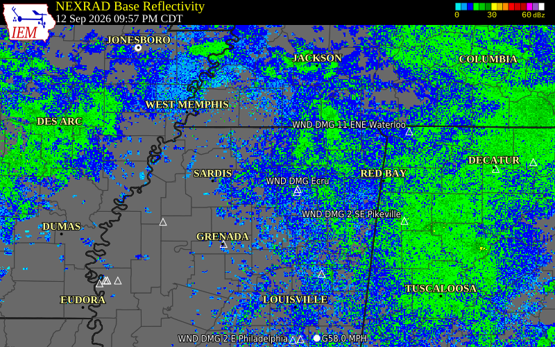 Current NEXRAD radar over Union County, Mississippi with recent storm report locations