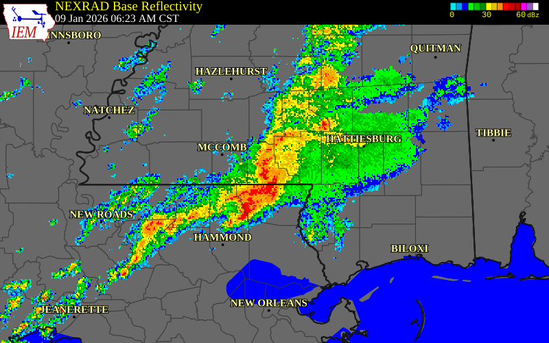 NEXRAD radar during the Friday, January 9, 2026 storm activity in Walthall County, Mississippi