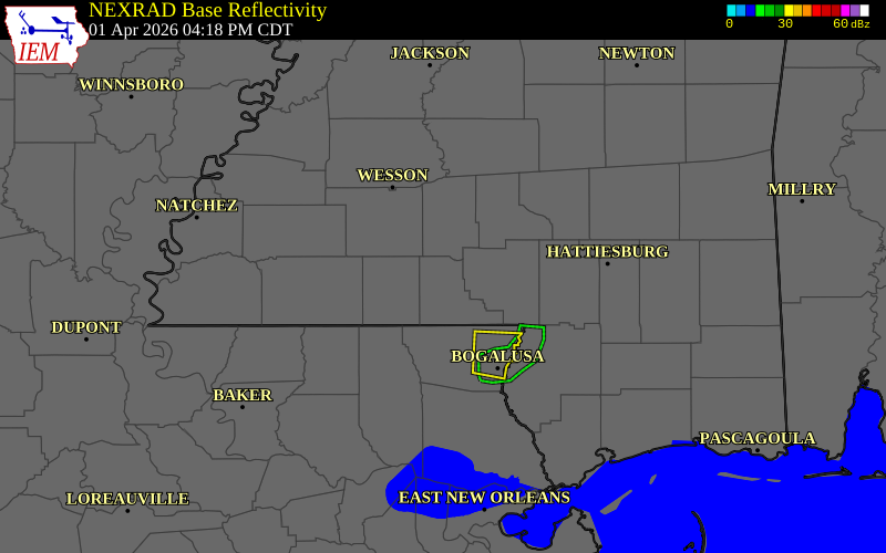 NEXRAD radar during the Wednesday, April 1, 2026 storm activity in Walthall County, Mississippi