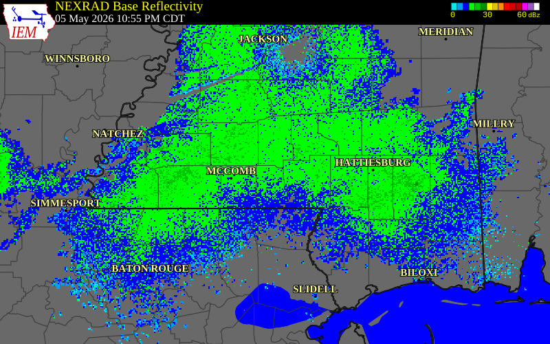 NEXRAD radar during the Tuesday, May 5, 2026 storm activity in Walthall County, Mississippi