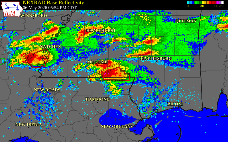NEXRAD radar during the Wednesday, May 6, 2026 storm activity in Walthall County, Mississippi