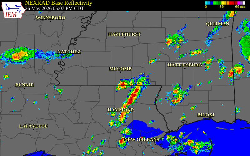 NEXRAD radar during the Tuesday, May 26, 2026 storm activity in Walthall County, Mississippi