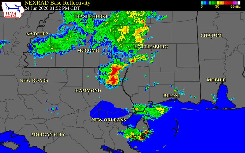 NEXRAD radar during the Wednesday, June 24, 2026 storm activity in Walthall County, Mississippi