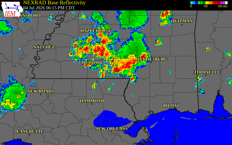NEXRAD radar during the Saturday, July 4, 2026 storm activity in Walthall County, Mississippi