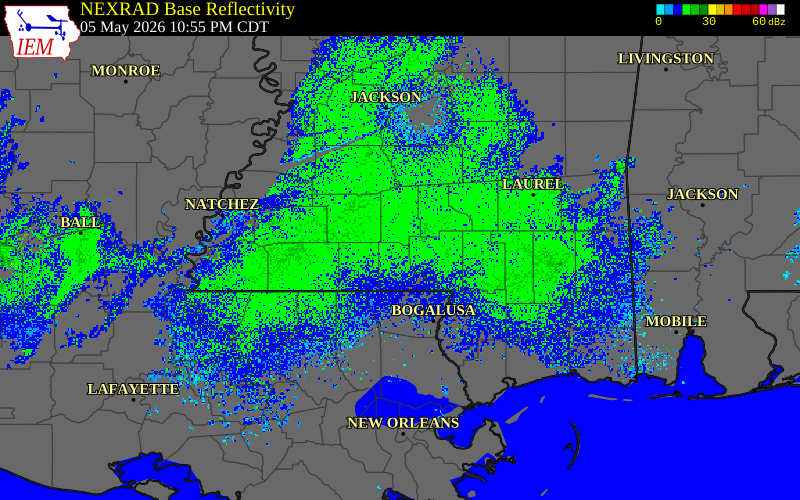 Radar snapshot during the May 5, 2026 tornado event near 5 N Salem, Walthall County, Mississippi, with NWS warning polygons