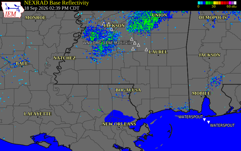 Current NEXRAD radar over Walthall County, Mississippi with recent storm report locations