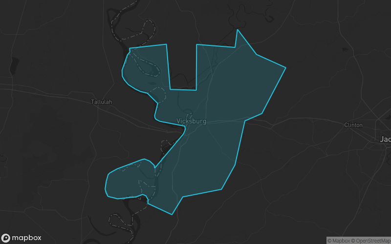 Map of Warren County, Mississippi showing the county boundary and surrounding cities