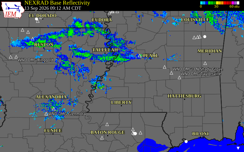 Current NEXRAD radar over Warren County, Mississippi with recent storm report locations