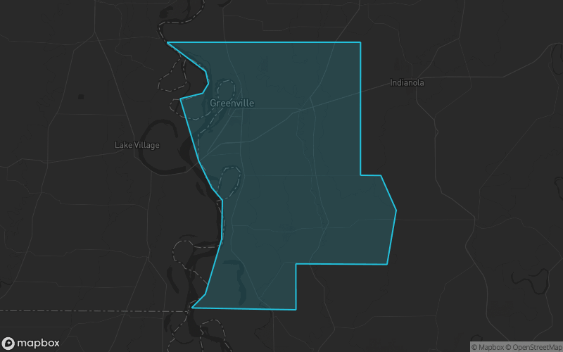 Map of Washington County, Mississippi showing the county boundary and surrounding cities