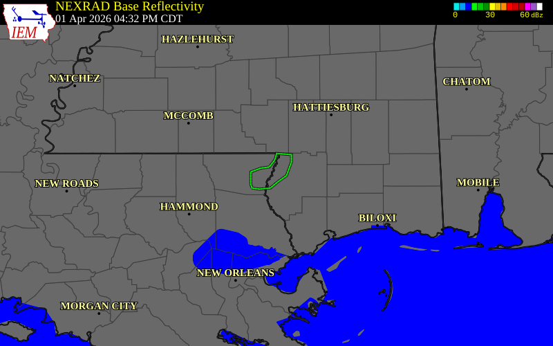 NEXRAD radar during the Wednesday, April 1, 2026 storm activity in Washington County, Mississippi