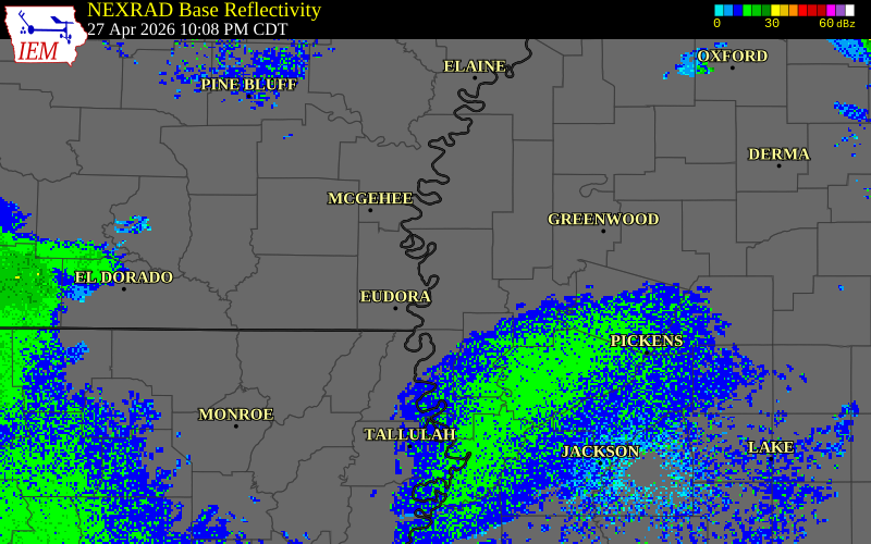 NEXRAD radar during the Monday, April 27, 2026 storm activity in Washington County, Mississippi
