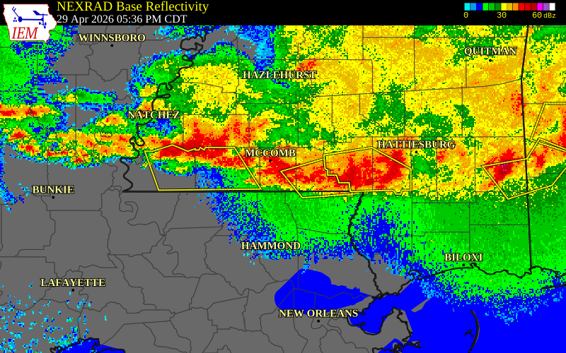 NEXRAD radar during the Wednesday, April 29, 2026 storm activity in Washington County, Mississippi