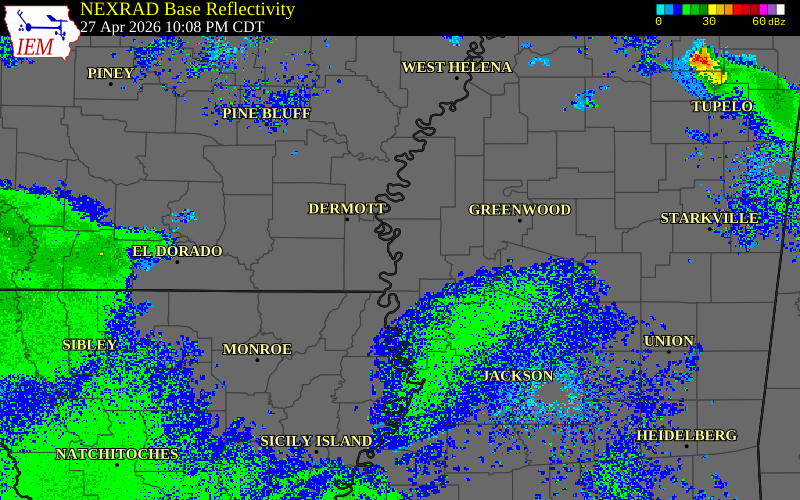 Radar snapshot during the Apr 27, 2026 tornado event near 3 NNW Wayside, Washington County, Mississippi, with NWS warning polygons
