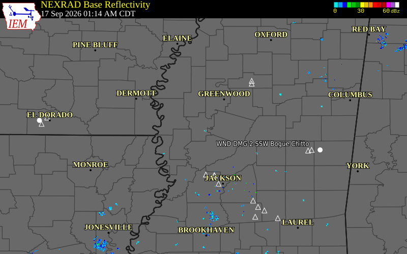Current NEXRAD radar over Washington County, Mississippi with recent storm report locations