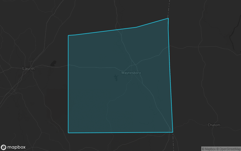 Map of Wayne County, Mississippi showing the county boundary and surrounding cities