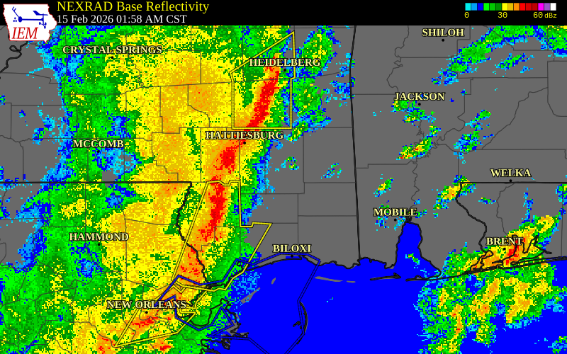 NEXRAD radar during the Sunday, February 15, 2026 storm activity in Wayne County, Mississippi