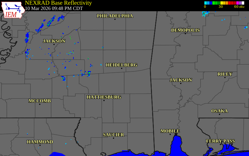 NEXRAD radar during the Tuesday, March 10, 2026 storm activity in Wayne County, Mississippi