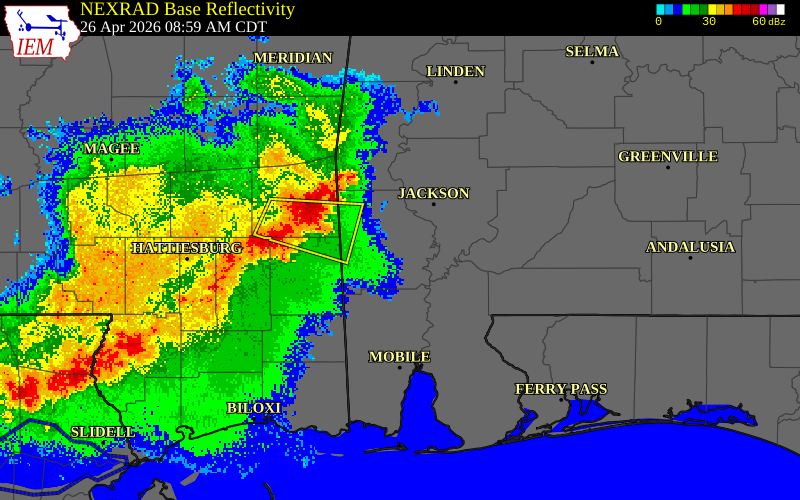 NEXRAD radar during the Sunday, April 26, 2026 storm activity in Wayne County, Mississippi