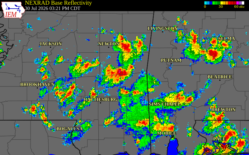 NEXRAD radar during the Thursday, July 30, 2026 storm activity in Wayne County, Mississippi